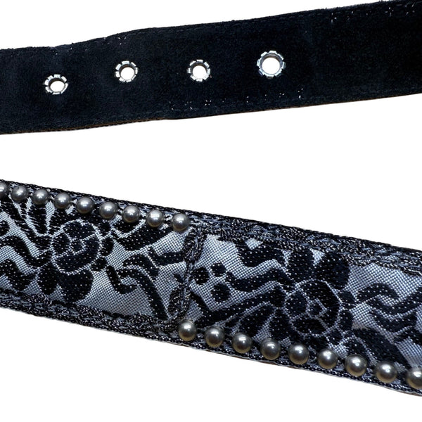 Vintage Black Floral Belt Silver Accents Ornate Buckle  Adjustable Fit