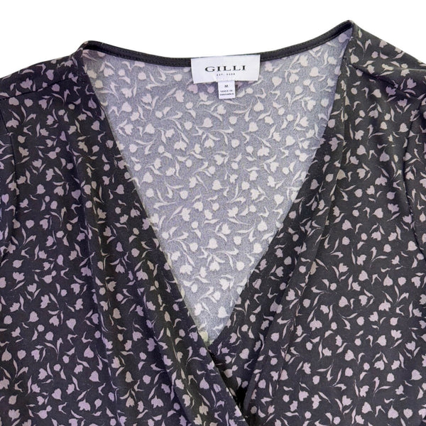 Gilli Womens Black Floral Wrap Dress Long Sleeve Midi Length Ruffle Hem Size M