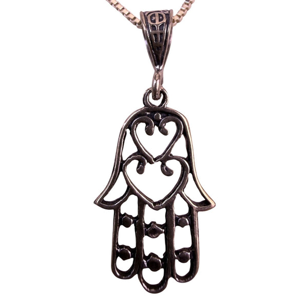 Sterling Silver Womens Hamsa Hand Necklace With Heart Design Italian Chain