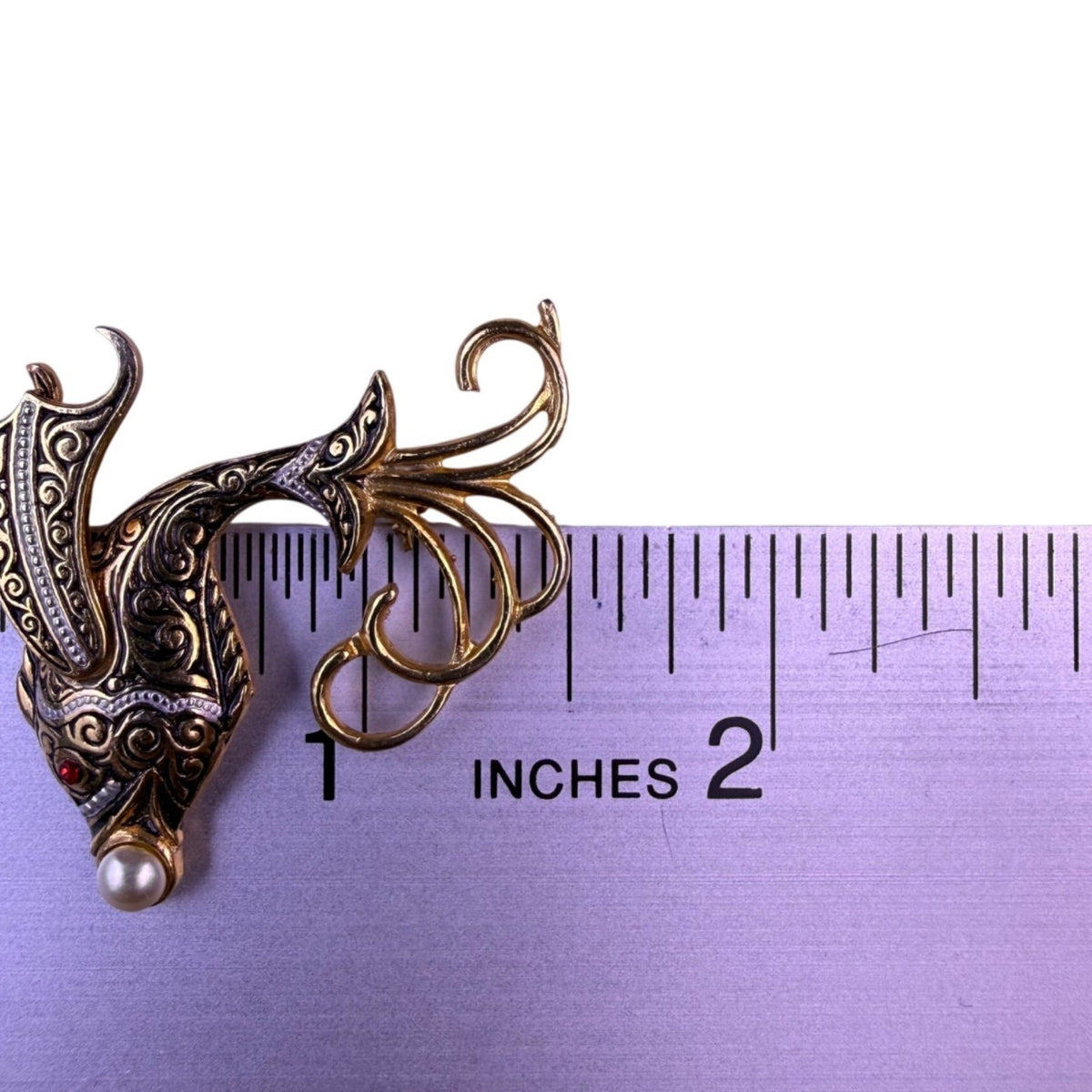 Vintage Damascene Gold Tone Womens Brooch Flying Fish Design Pearl & Red Accents