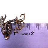 Vintage Damascene Gold Tone Womens Brooch Flying Fish Design Pearl & Red Accents