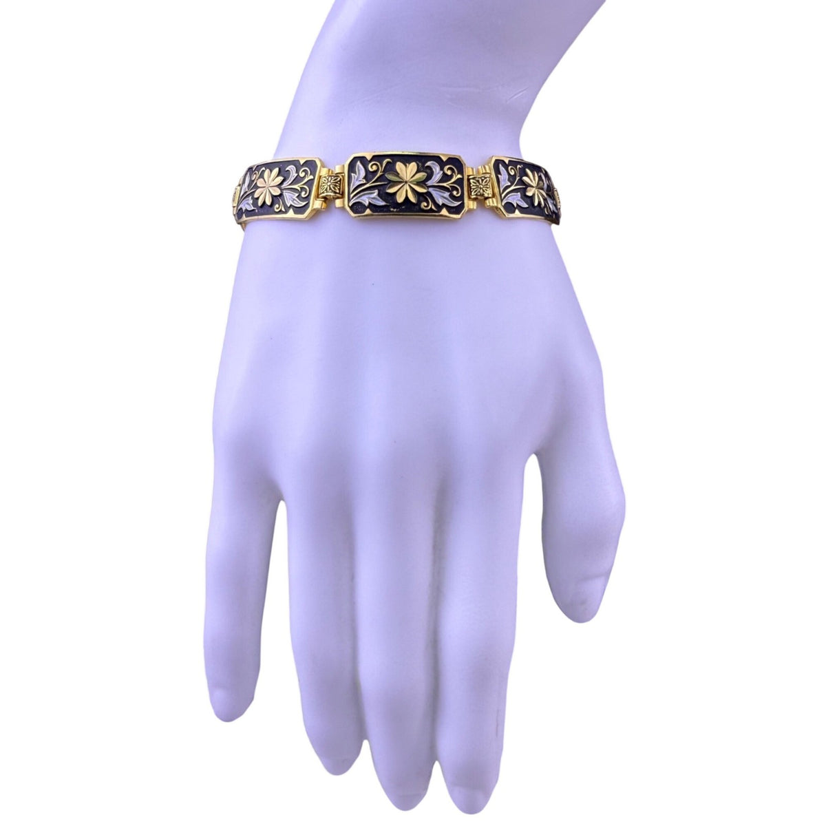 Gold Tone & Black Enamel Floral Bracelet Ladies Handcrafted Spain Safety Clasp