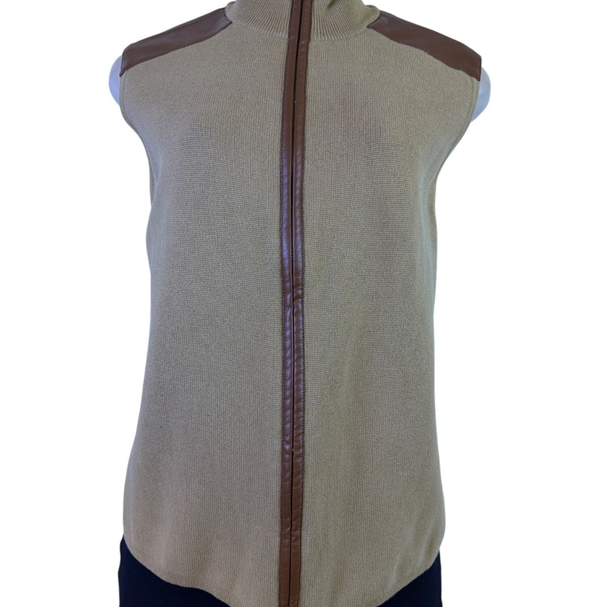 Lauren Ralph Lauren Womens Beige Sleeveless Vest With Faux Leather Trim Size XL