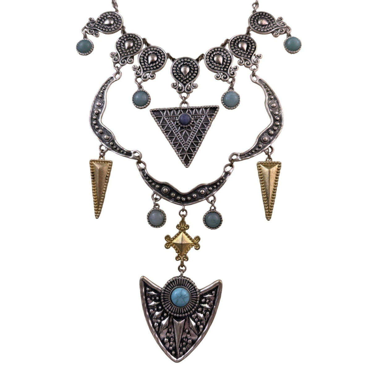 Boho Silver Tibetan Womens Necklace Statement Pendant Gold & Blue Accents