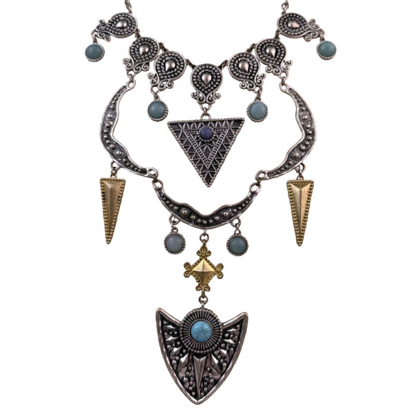 Boho Silver Tibetan Womens Necklace Statement Pendant Gold & Blue Accents