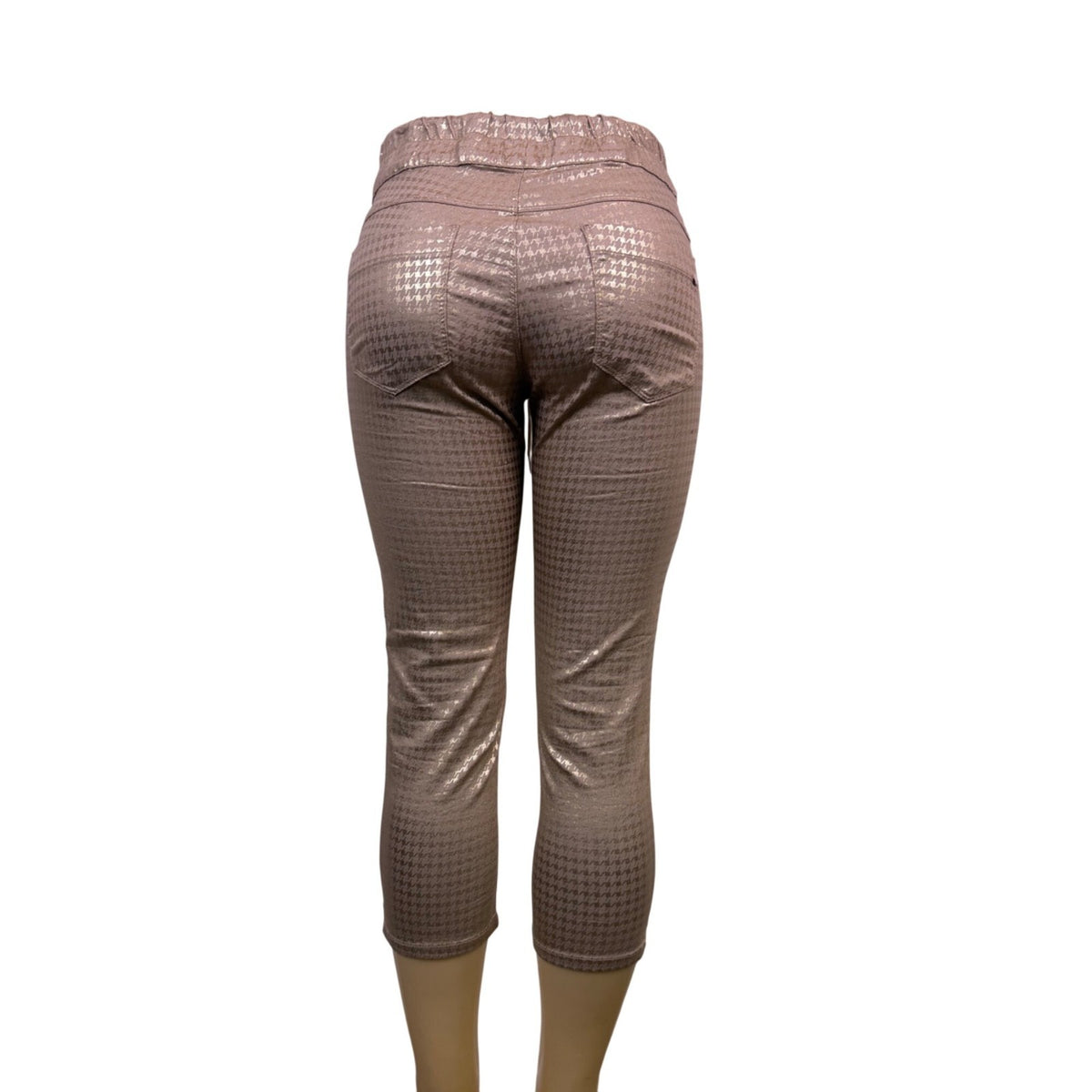 Flog Womens Beige Metallic Houndstooth Capri Pants Stretch Drawstring Sz 29