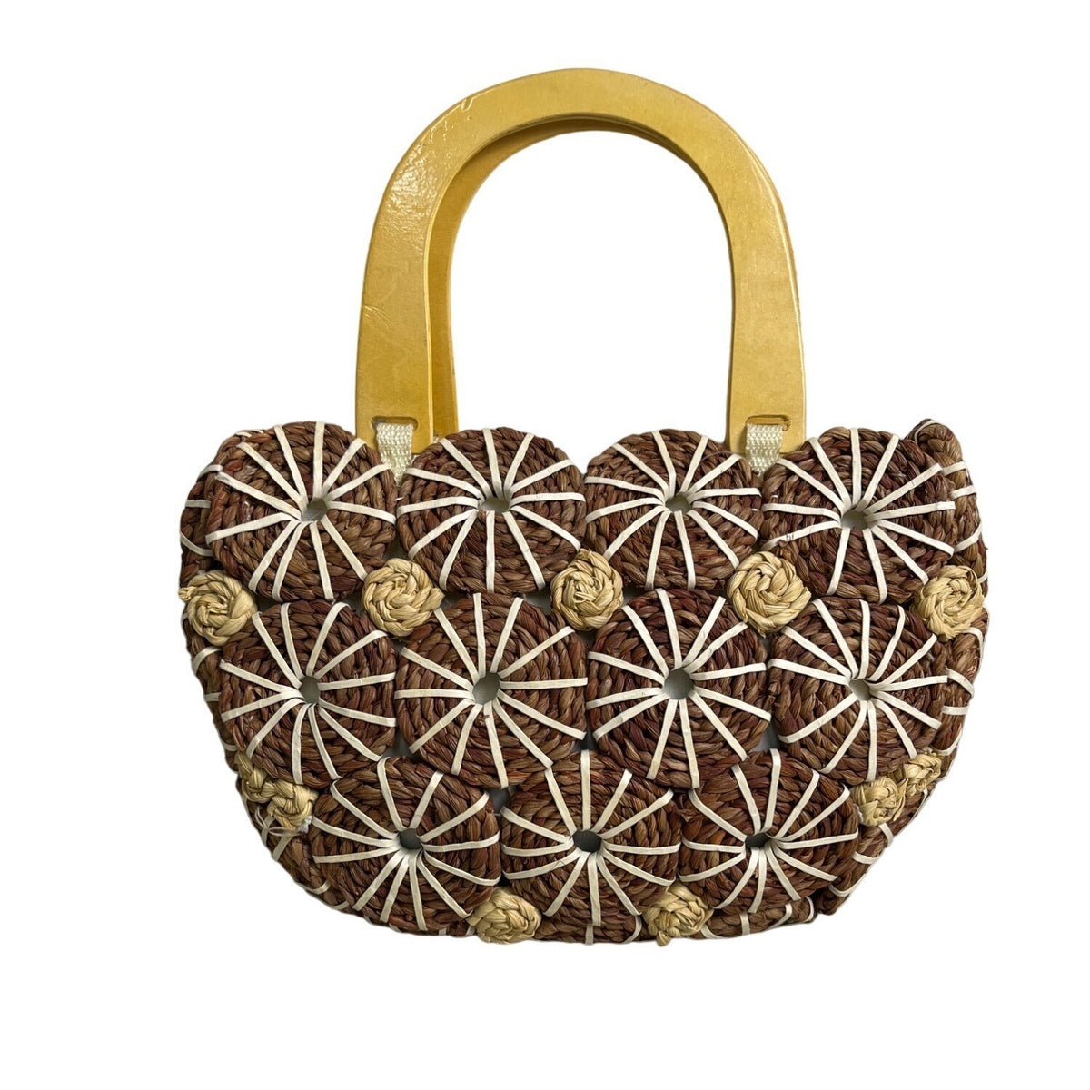 Handcrafted Women's Tropical Brown Circle Straw Braided Handbag Sz M