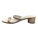 Balenciaga Women’s White Leather Logo Embossed Mid-Heel Slide Sandals Sz EU39.5