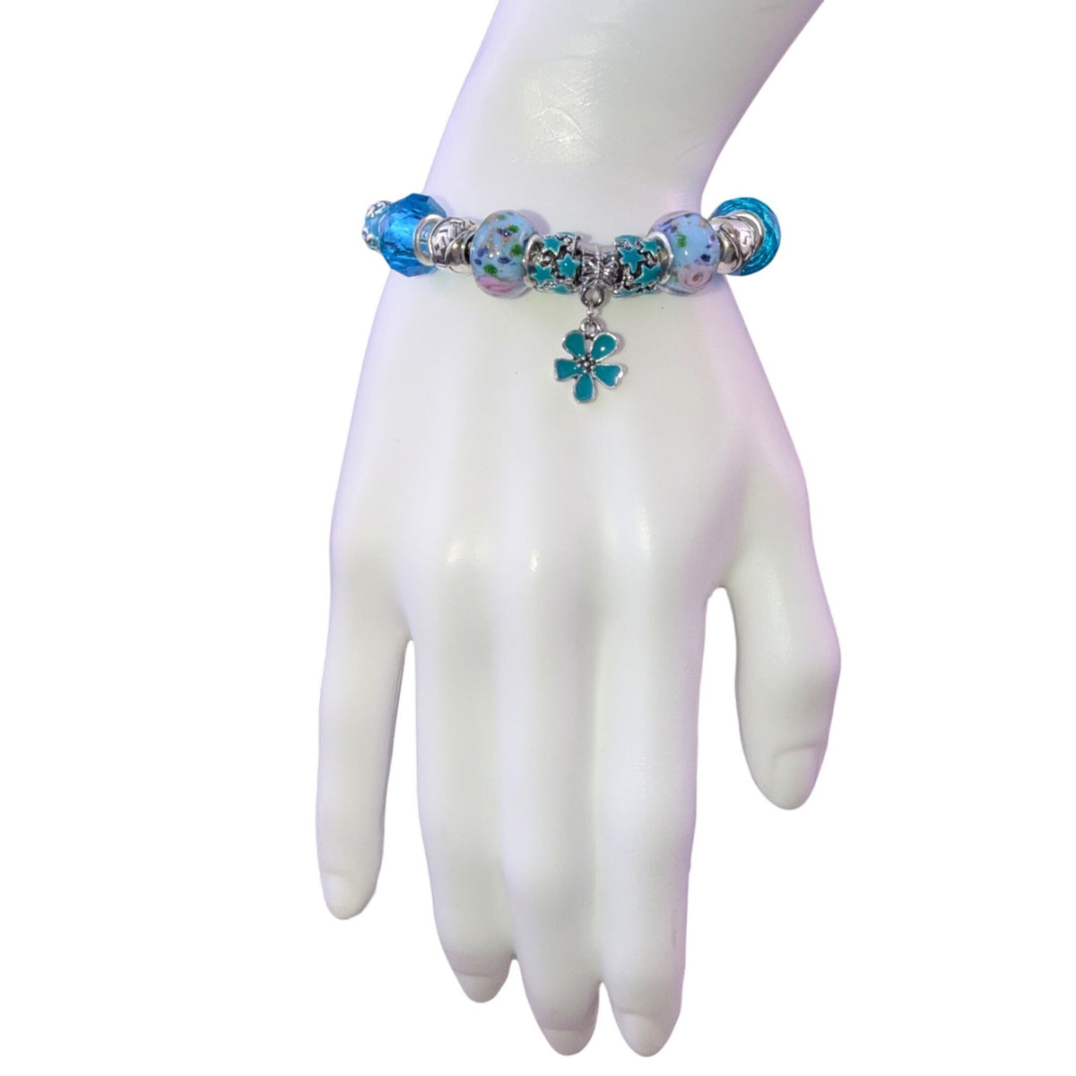 Silver Tone Womens Blue Glass Bead & Enamel Flower Charm Bracelet 