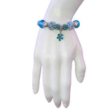 Silver Tone Womens Blue Glass Bead & Enamel Flower Charm Bracelet 