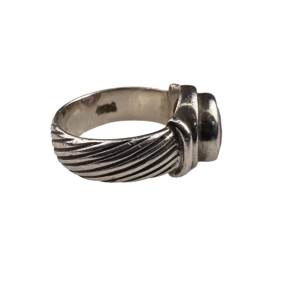 Sterling Silver Womens Purple Amethyst Stone Ring Size 5 Vintage Textured Band