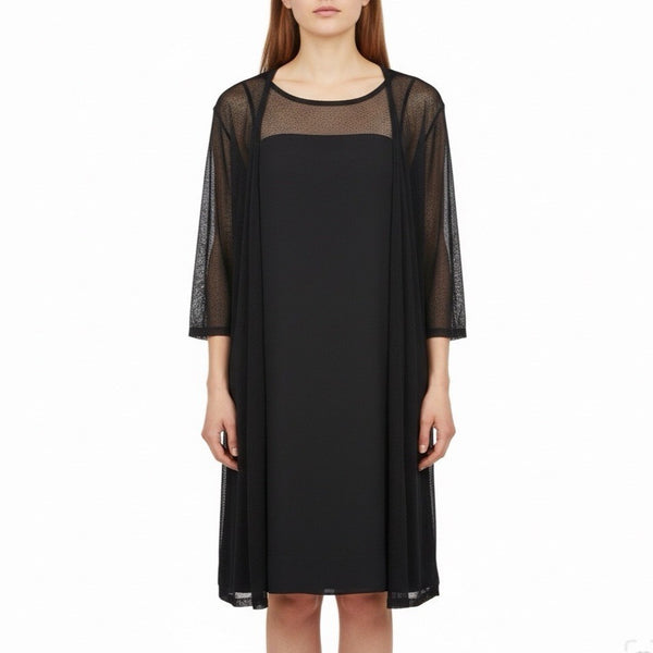 Eileen Fisher Womens Black Sheer Open Cardigan & Silk Dress Set Sz M