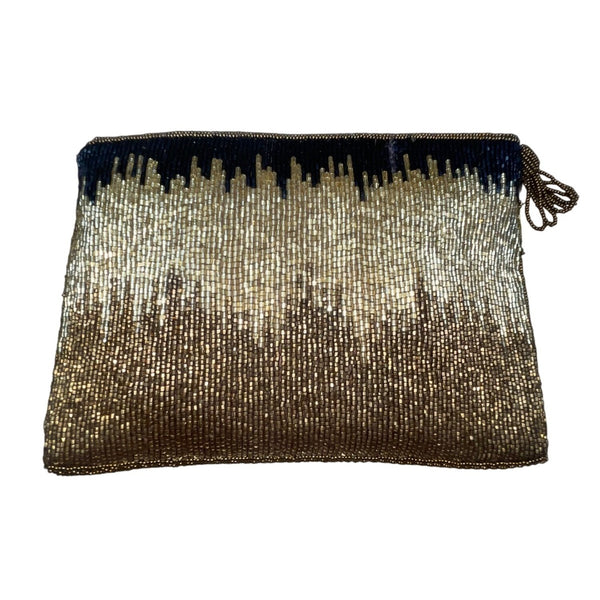 Handmade Women’s Black & Gold Beaded Tassel Zippered Clutch Bag