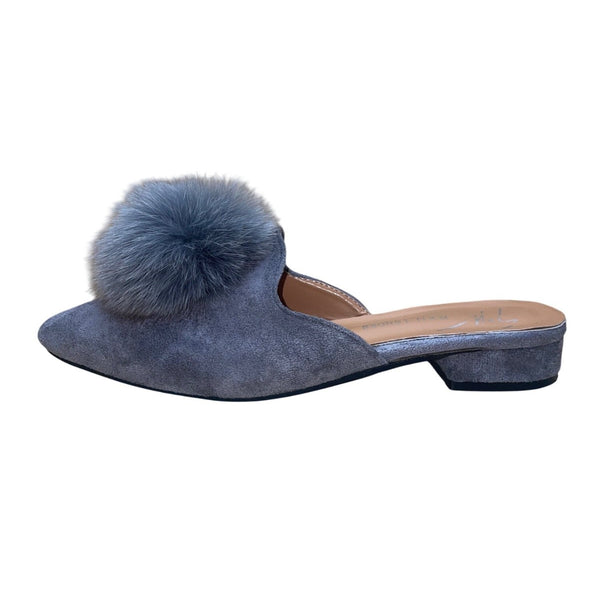 Giuseppe Zanotti Women’s Gray Faux Suede Pom-Pom Almond Toe Slip-On Mules Size 9