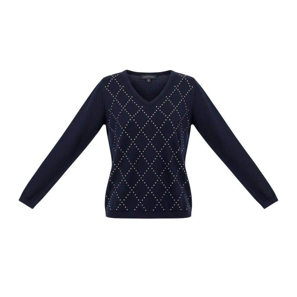 Tommy Hilfiger Womens Navy Cotton Sweater V-Neck Argyle Studded Design Sz XS
