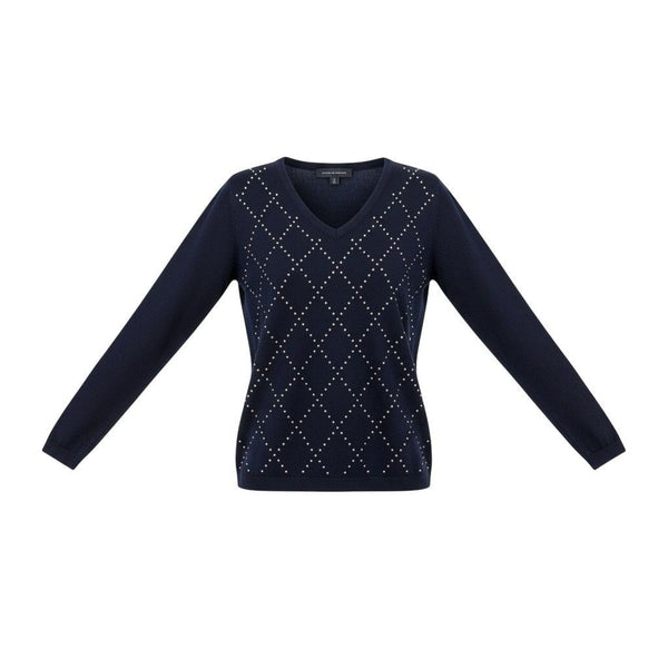 Tommy Hilfiger Womens Navy Cotton Sweater V-Neck Argyle Studded Design Sz XS