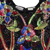 Swee Lo Womens Black Silk Beaded & Sequin Shirt Floral Design Size L