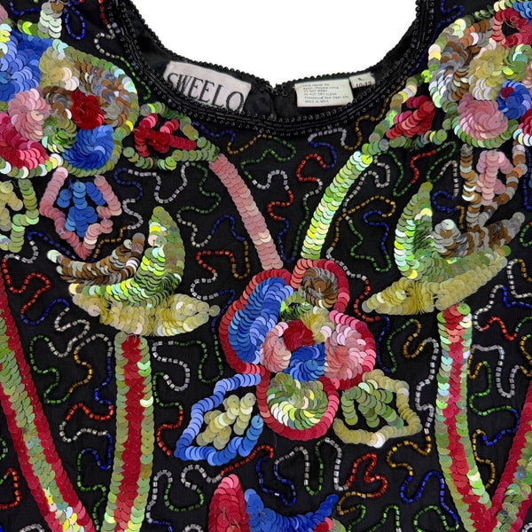 Swee Lo Womens Black Silk Beaded & Sequin Shirt Floral Design Size L