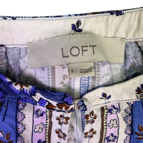 Loft Womens Blue & White Floral Boho Printed Long Sleeve Blouse Lightweight Sz L