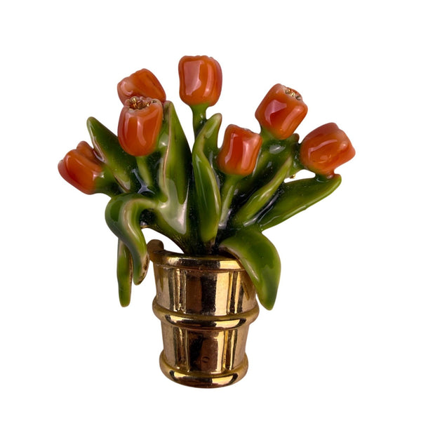 Vintage Gold Tone Enameled Brooch Orange & Green Tulip Flower Basket