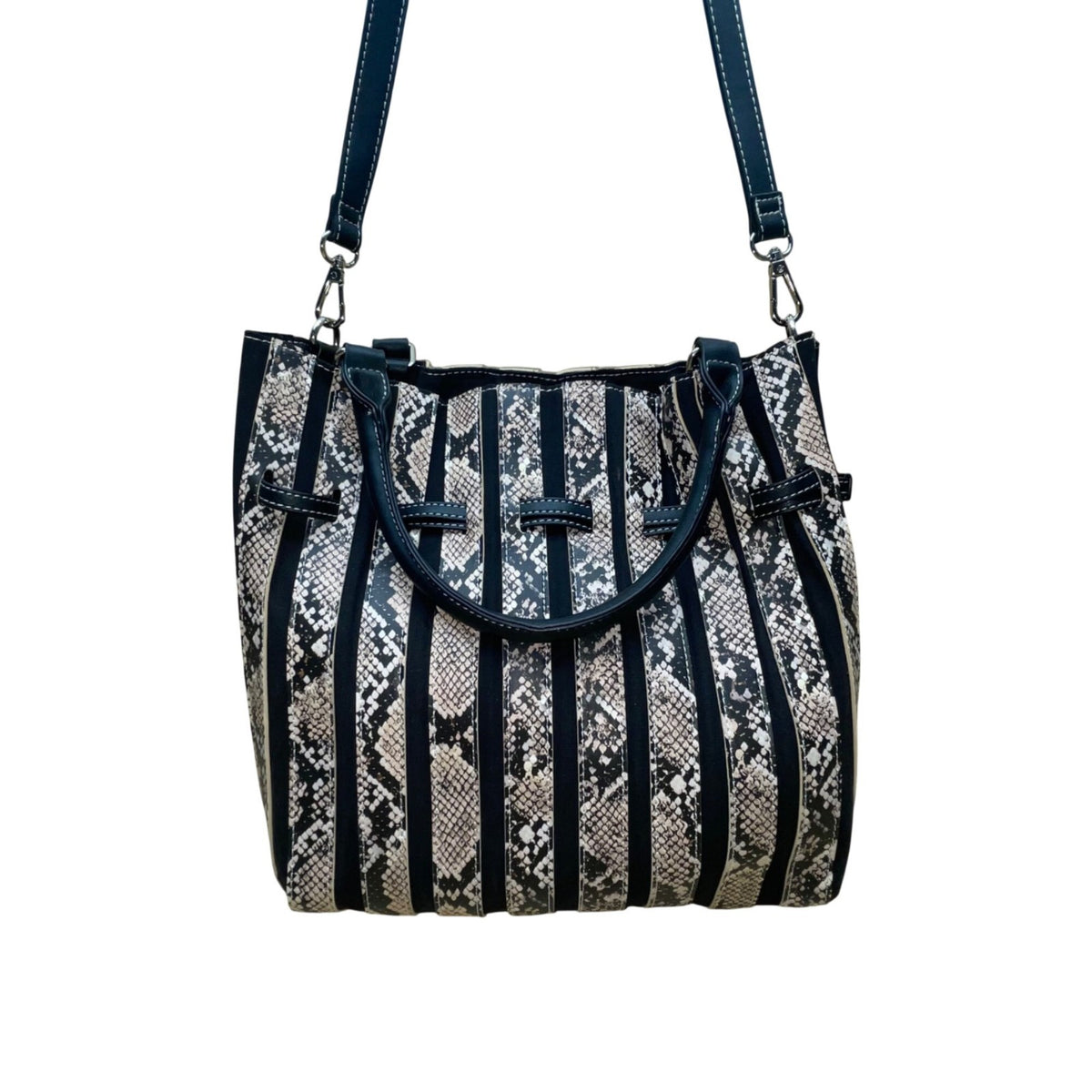 Salon De Ruban Women’s Black & Beige Snake Print Adjustable Strap Tote Bag