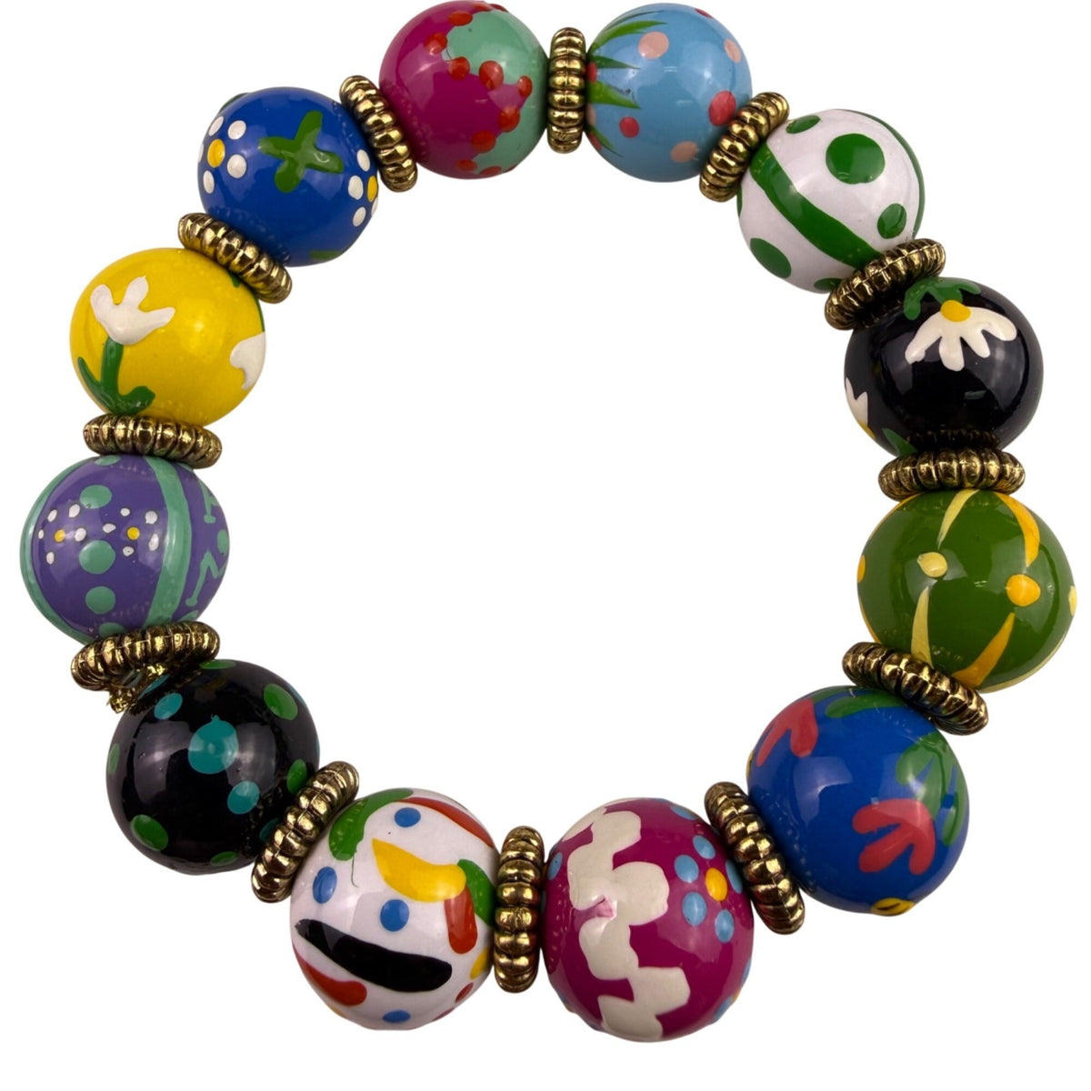 Colorful Hand-Painted Bead Stretch Bracelet With Gold-Tone Accents Unique Design