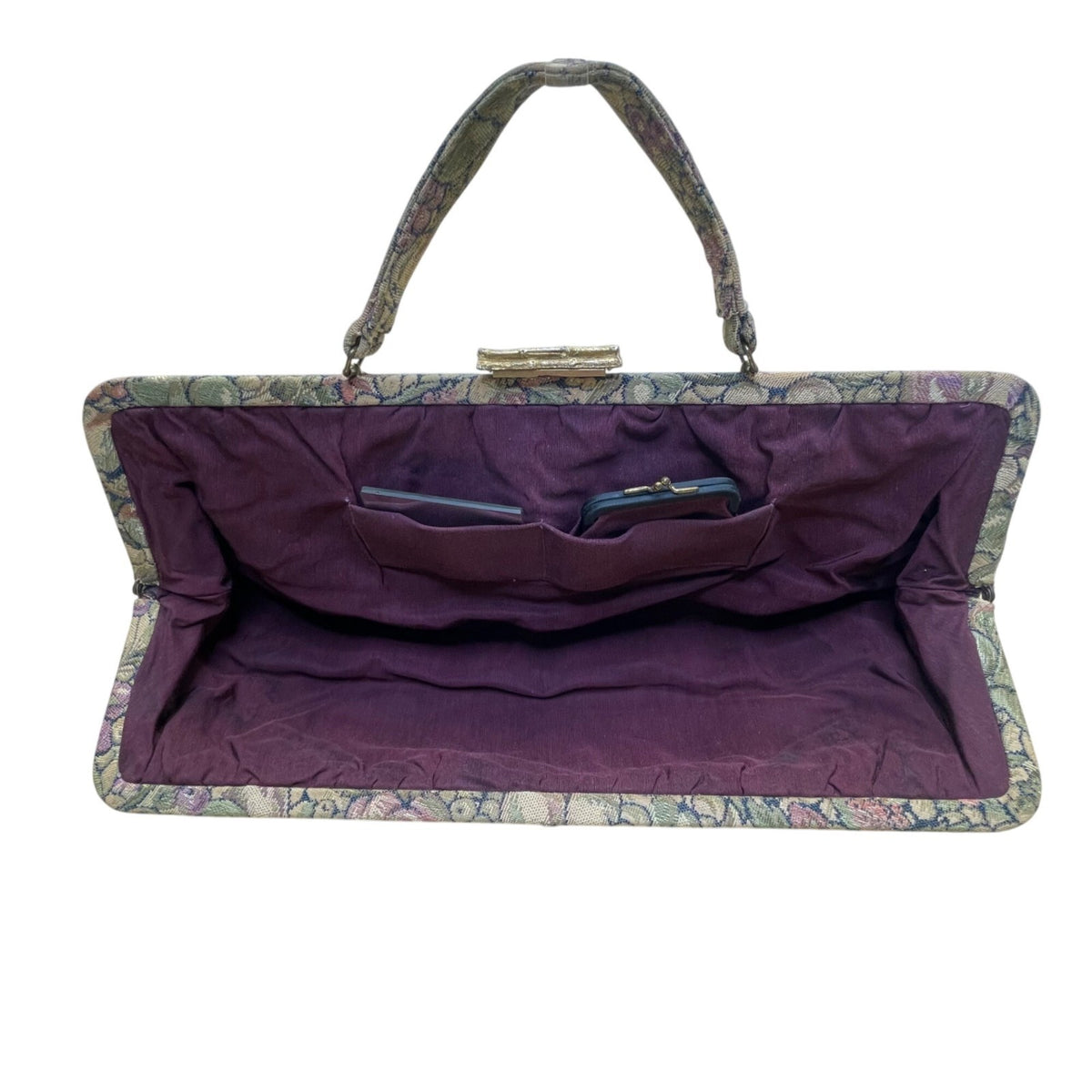 Vintage Women’s Green & Purple Floral Brocade Metal Bamboo Clasp Clutch Bag
