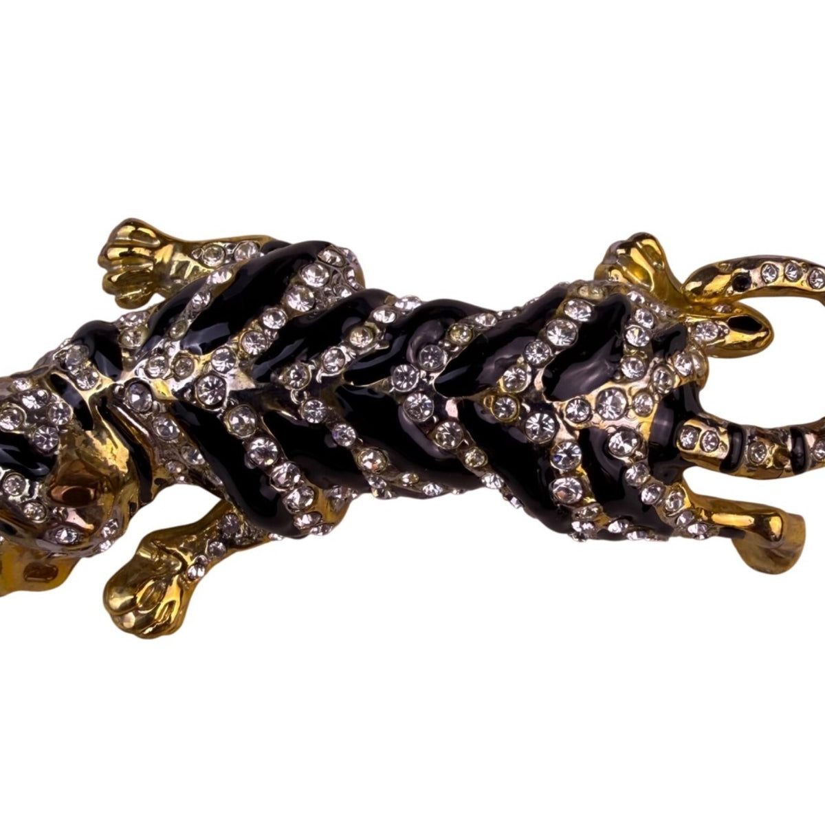 Gold Tone Womens Black Rhinestone Enamel Tiger Brooch With Green Stone Eyes