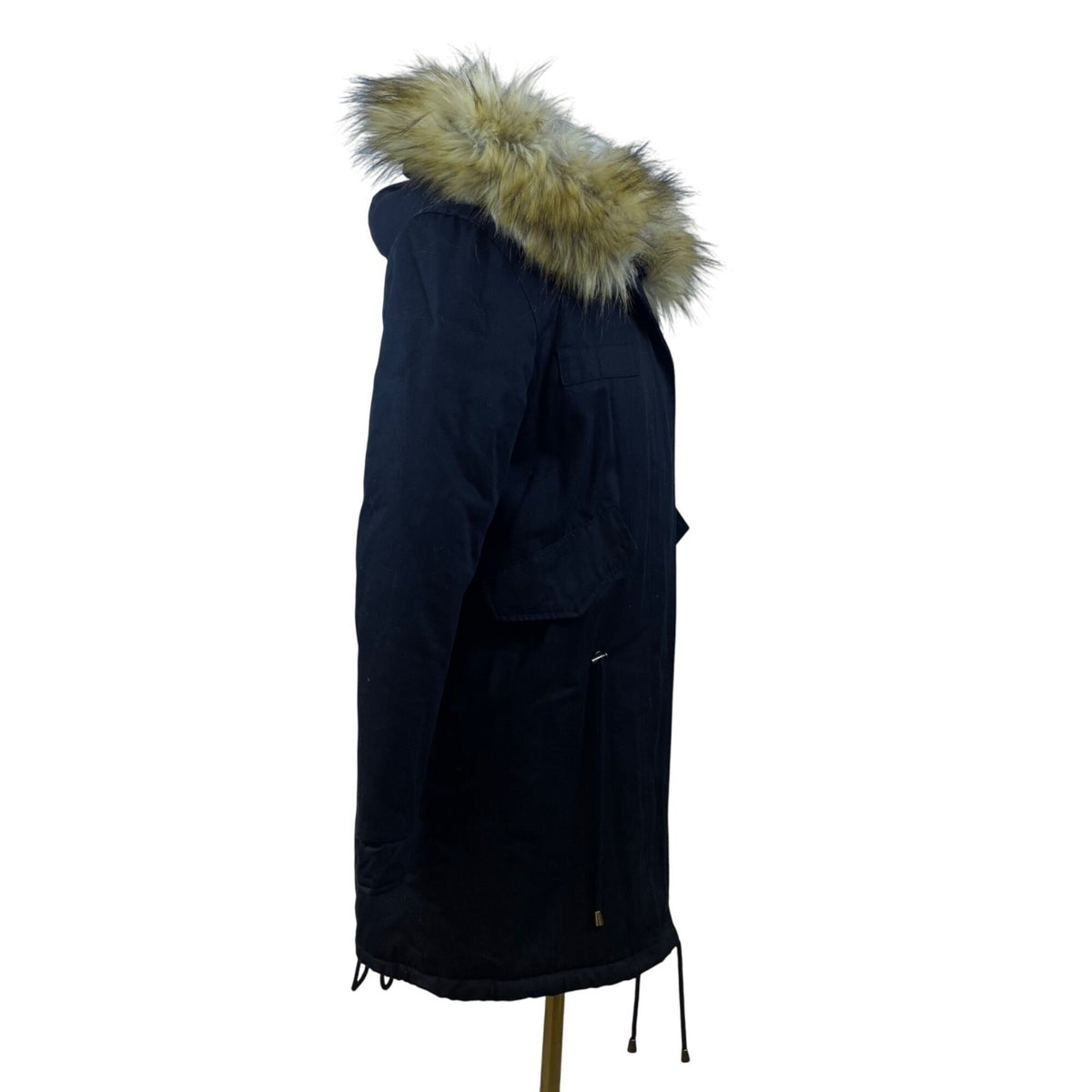 Boohoo Women's Black Faux Fur Hooded Parka Jacket Full-Zip Drawstring Waist Sz 4