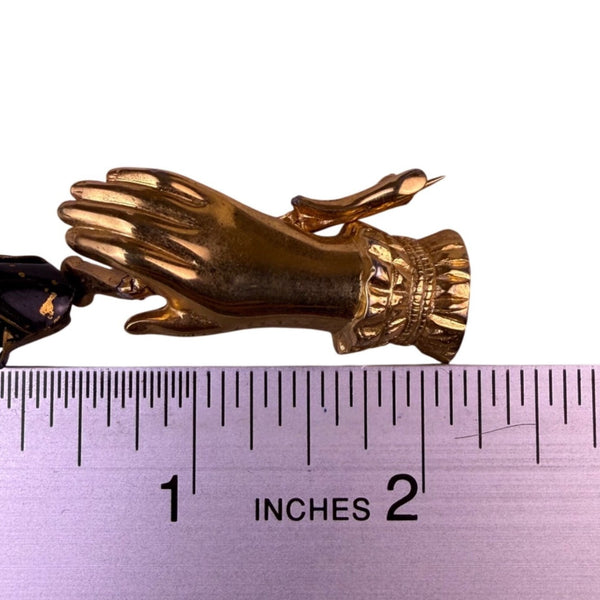 Vintage Unknown Gold Tone Metal & Enamel Hand Holding Rose Flower Brooch Pin