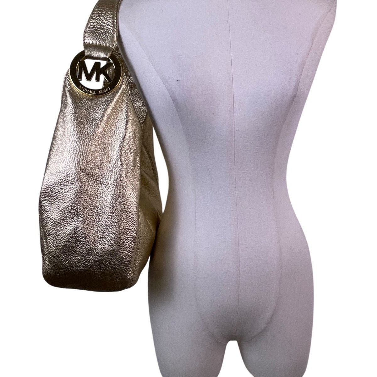 Michael Kors Women’s Gold Metallic Textured Leather Hobo Bag Logo Charm Accent