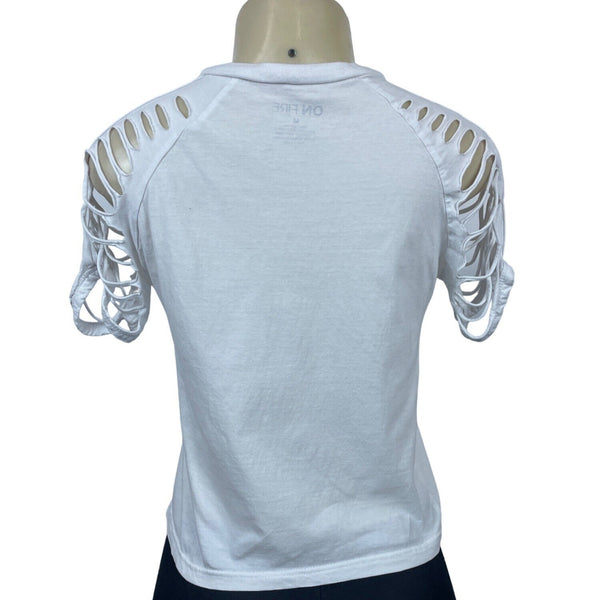 ON FIRE Women Multicolored QUEEN Graphic Cropped Open Sleeve T-Shirt  shirt Sz M