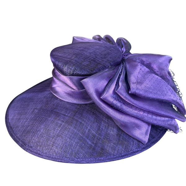 Purple Sinamay Womens Wide Brim Bow Fascinator Hat For Events Weddings & Church