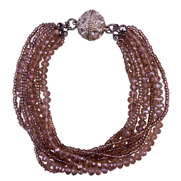 Multi-Strand Brown Crystal Beaded Magnetic Clasp Bracelet For Women 7 Inch