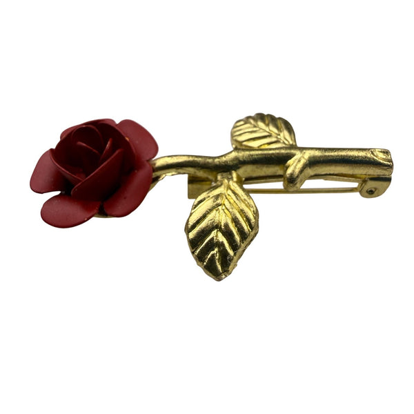 Womens Gold Tone & Red Metal Rose Brooch Floral Pin Vintage Design