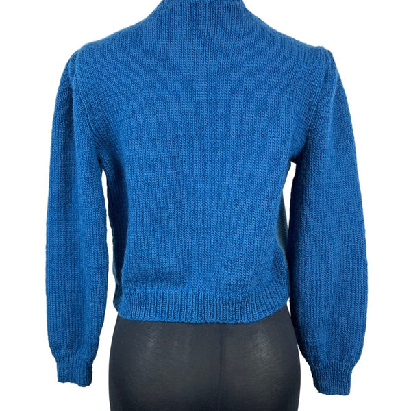 Vintage Button-Up Patchwork Cardigan Sweater With Textured Blue Sleeves Sz S/M