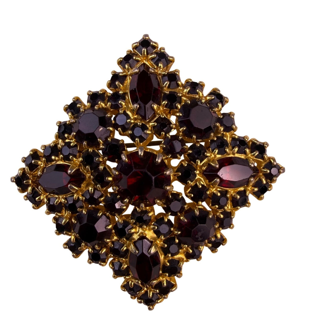 Bohemian Garnet Gold-Tone Metal Vintage Brooch Red Stones Intricate Design
