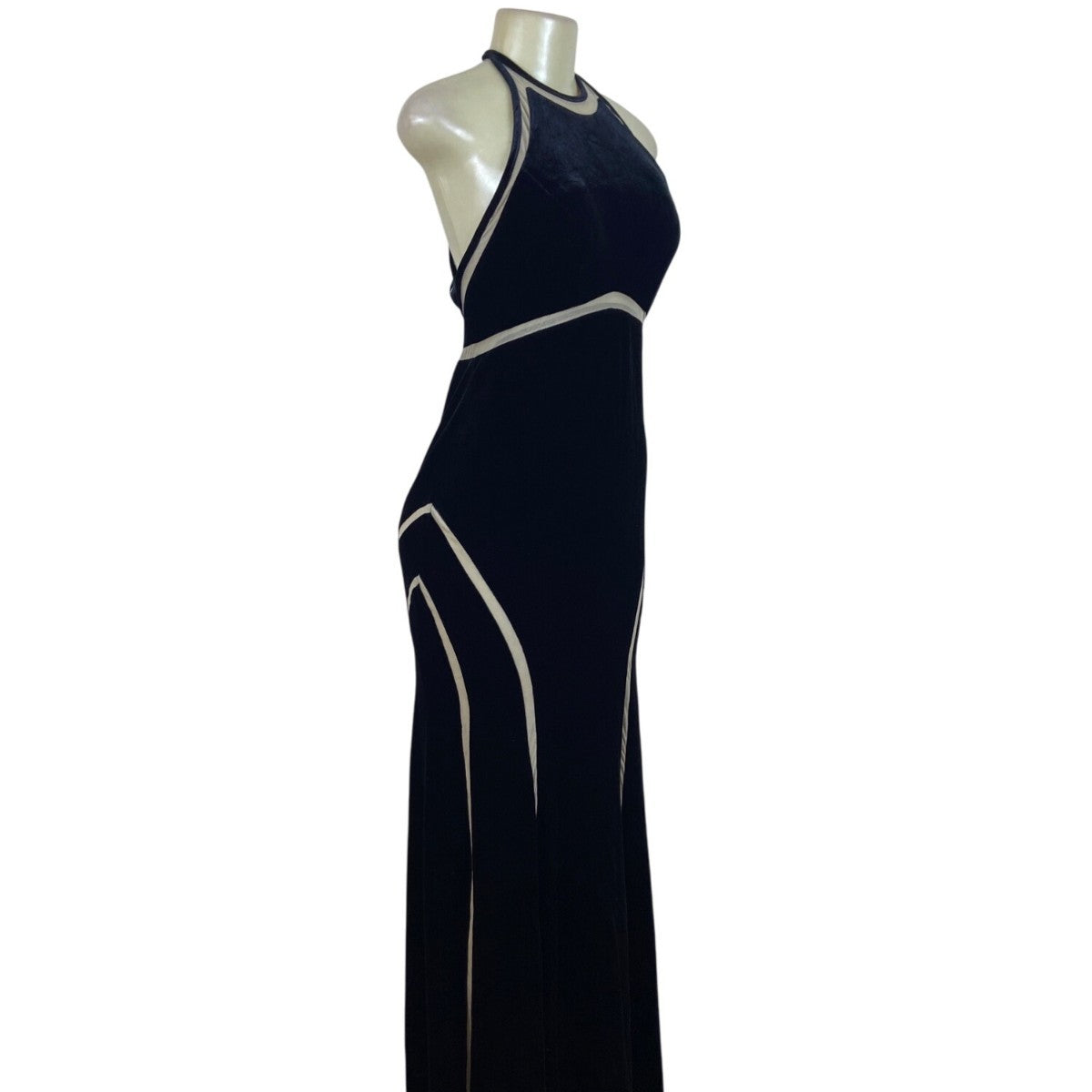 Xscape Womens Black Velvet Evening Gown Maxi Dress With Beige Trim 8 - New