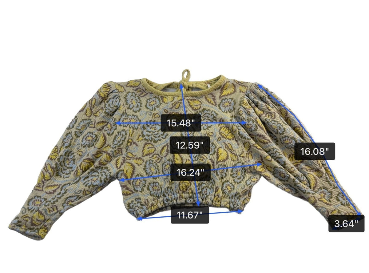 Free People Womens Yellow & Blue Cotton Floral Puff Sleeve Cropped Top Sz XS