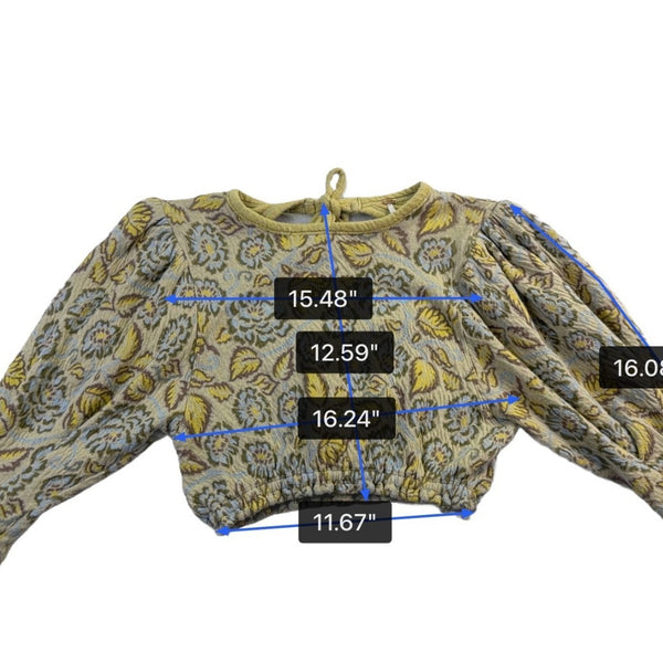 Free People Womens Yellow & Blue Cotton Floral Puff Sleeve Cropped Top Sz XS