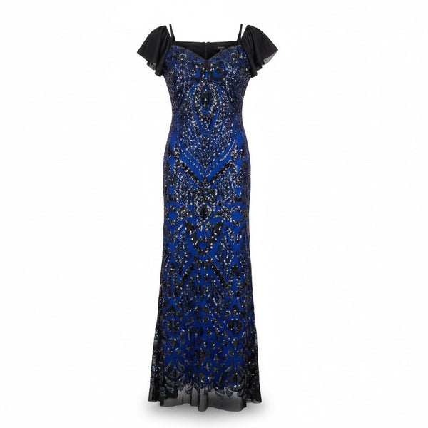 Angel Fashions Womens Black & Royal Blue Sequin Lace Gown Mermaid Dress Size L