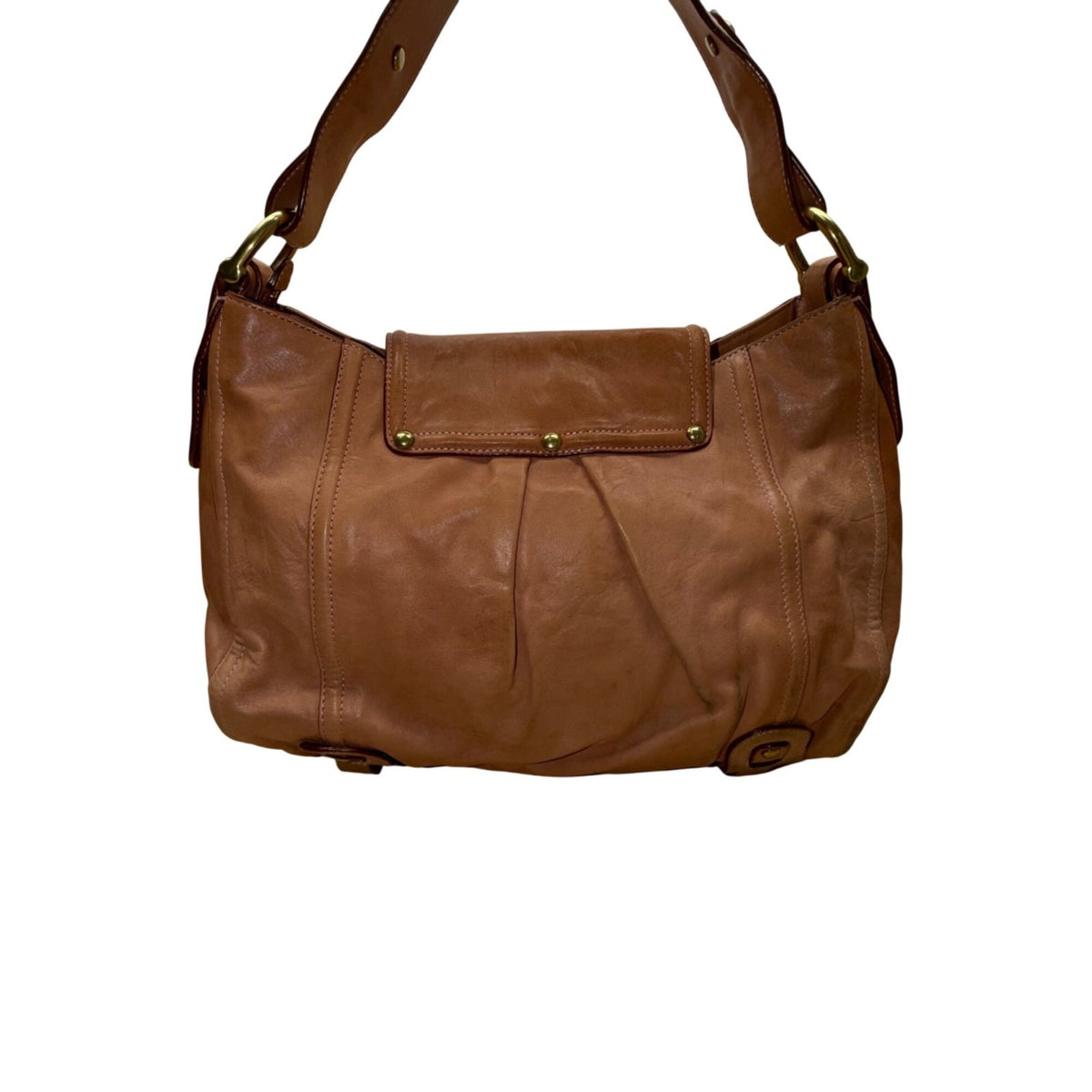 Kooba Women’s Tan Leather Front Brass Hardware Multiple Pockets Shoulder Bag