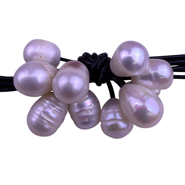 Multi Strand Leather Womens Black Freshwater Baroque Pearls Necklace Magnetic Cl