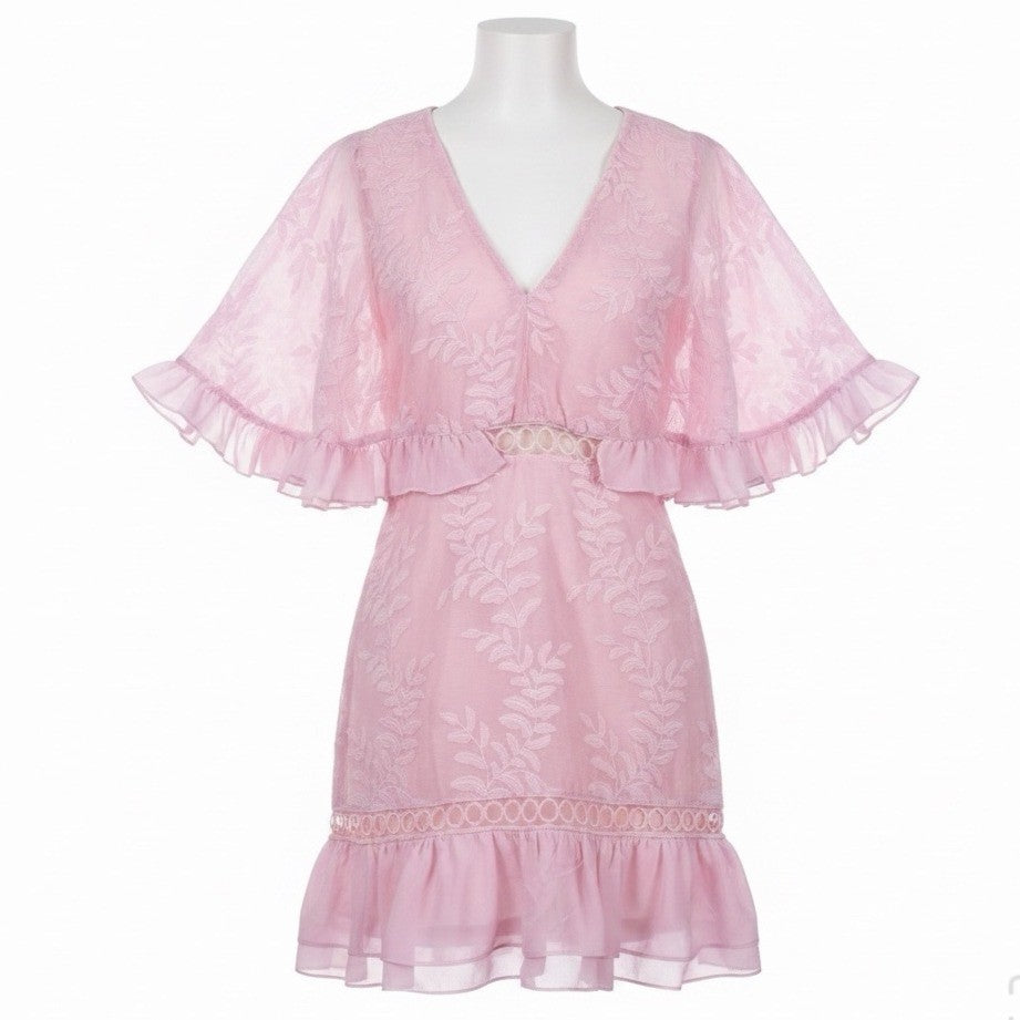 Selfie Leslie Womens Pink Embroidered Mini Dress With Flounce Sleeves Size S