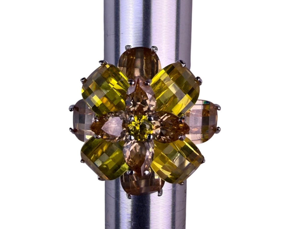Silver Tone Womens Yellow Faceted Floral Cocktail ,  Metal Jewelry