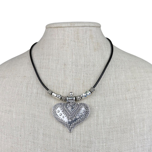Silver Tone Womens Heart Pendant Necklace With Leather Cord