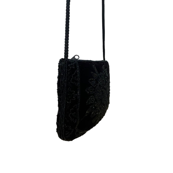 La Regale Women’s Black Beaded Floral Design Velvet Crossbody Bag