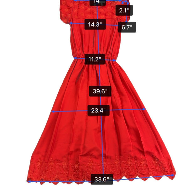 The Great Women’s Red Silk Embroidered Midi Dress Feminine Short Sleeves Size 0