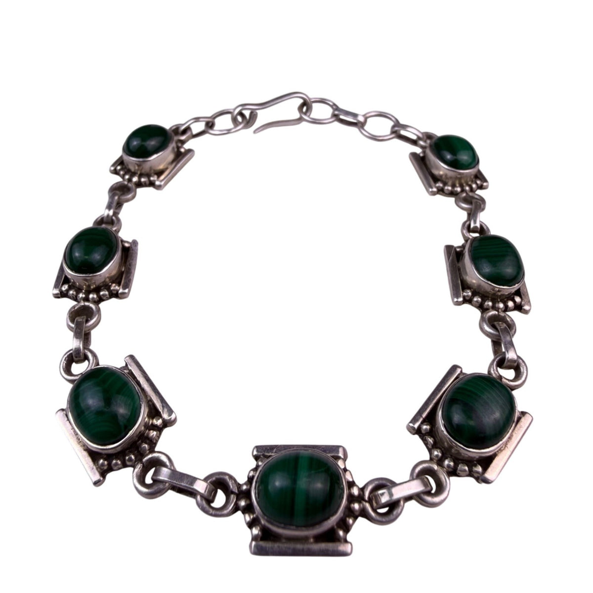 Vintage Sterling Silver Green Malachite Womens Bracelet Stylish Chain Design