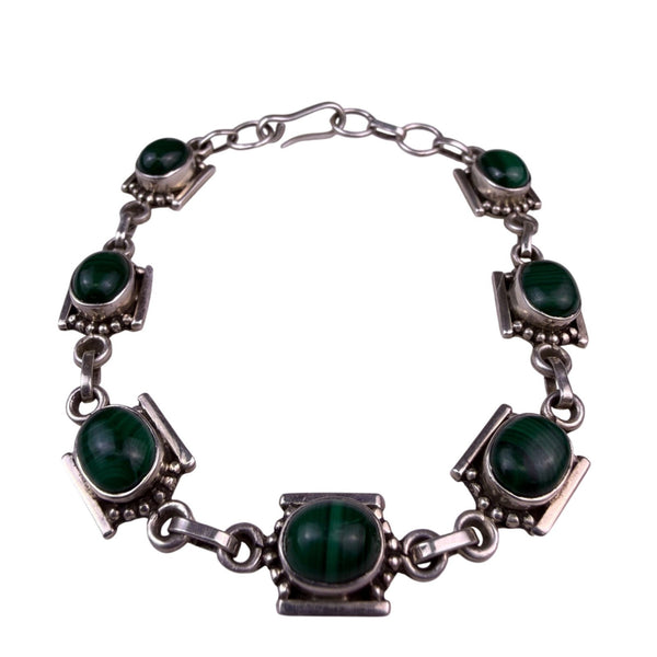 Vintage Sterling Silver Green Malachite Womens Bracelet Stylish Chain Design